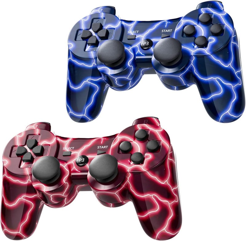 Burcica Wireless Controller for PS-3 Motion Sense Double Vibration Upgraded Gaming Remote for Play 3 with Charging Cord (BlueFlash and RedFlash) - Image 1